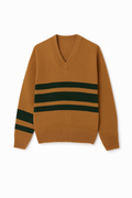 Gestreifter Wollpullover mit V-Ausschnitt